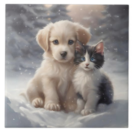 Schattige Puppy en Kitten in Sneeuwportret Pose Tegeltje