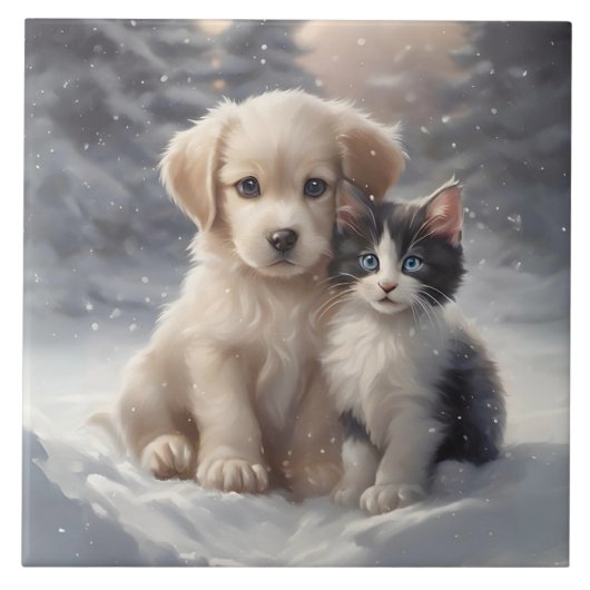Schattige Puppy en Kitten in Sneeuwportret Pose Tegeltje (Voorkant)
