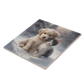 Schattige Puppy en Kitten in Sneeuwportret Pose Tegeltje (Zijkant)