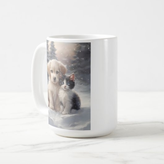 Schattige Puppy en Kitten in Snow Koffiemok (Voorkant links)