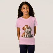 Schattige puppy en kitten knuffelen met warme glim t-shirt (Voorkant volledig)