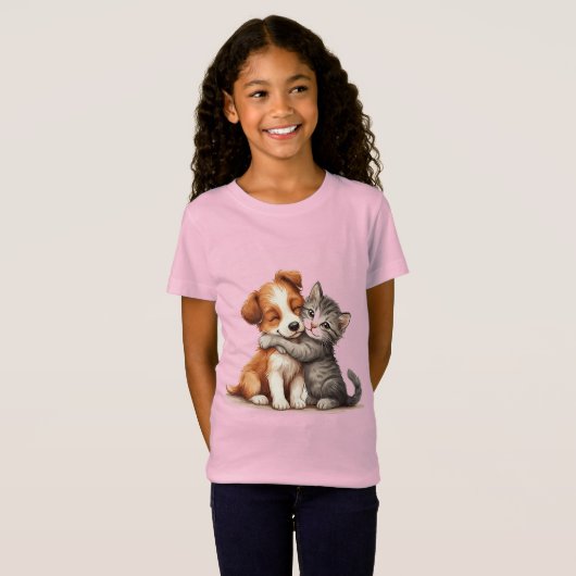 Schattige puppy en kitten knuffelen met warme glim t-shirt (Voorkant volledig)