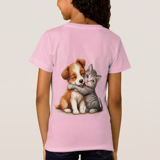 Schattige puppy en kitten knuffelen met warme glim t-shirt (Achterkant)