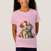 Schattige puppy en kitten knuffelen met warme glim t-shirt (Voorkant)