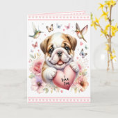 Schattige Puppy en Roze Harten Ik Hou Van Je Valen Kaart (Gele Bloem)