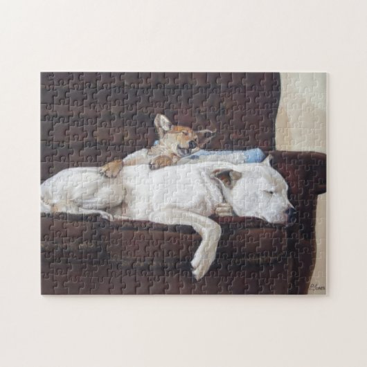 schattige puppy en slaappende witte hond legpuzzel (Horizontaal)