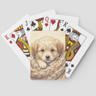 Schattige puppy gewikkeld in een gebreide deken pokerkaarten