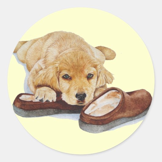 schattige puppy golden rekhoning die slippers sloo ronde sticker (Voorkant)