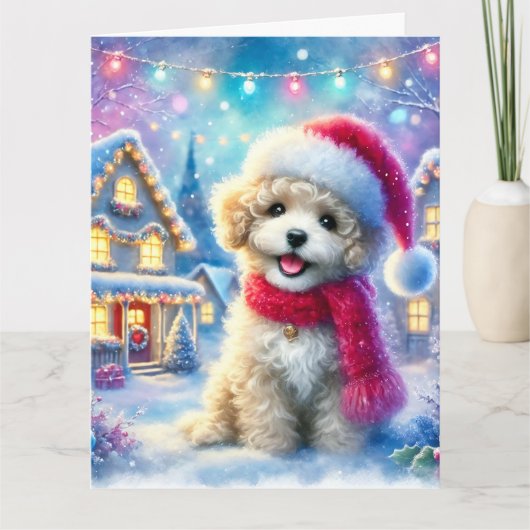 Schattige puppy in het kerstdorp kaart (Voorkant)