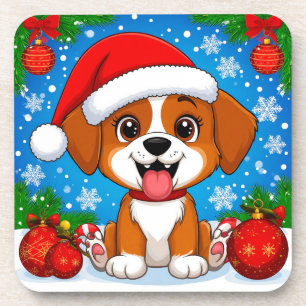 Schattige Puppy in Kerstmannenhoed Met Kerstcadeau Bier Onderzetter