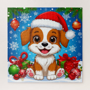 Schattige Puppy in Kerstmannenhoed Met Kerstcadeau Legpuzzel