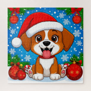 Schattige Puppy in Kerstmannenhoed Met Kerstcadeau Legpuzzel