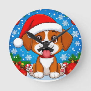Schattige Puppy in Kerstmannenhoed Met Kerstcadeau Ronde Klok