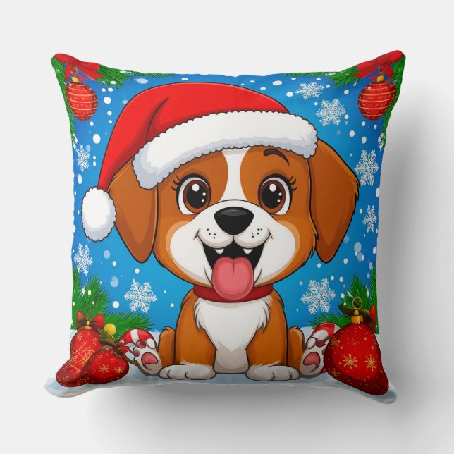 Schattige puppy in kerstmuts met kerstcadeaus kussen (Voorkant)