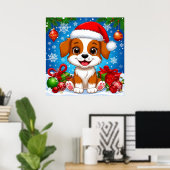 Schattige puppy in kerstmuts met kerstcadeaus poster (Thuiskantoor)