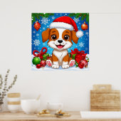 Schattige puppy in kerstmuts met kerstcadeaus poster (Keuken)