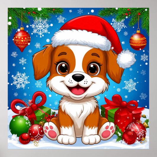 Schattige puppy in kerstmuts met kerstcadeaus poster (Voorkant)