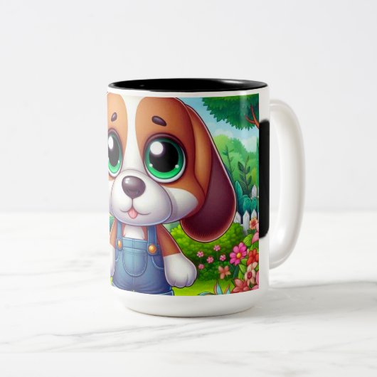 Schattige puppy in overalls tweekleurige koffiemok (Voorkant rechts)
