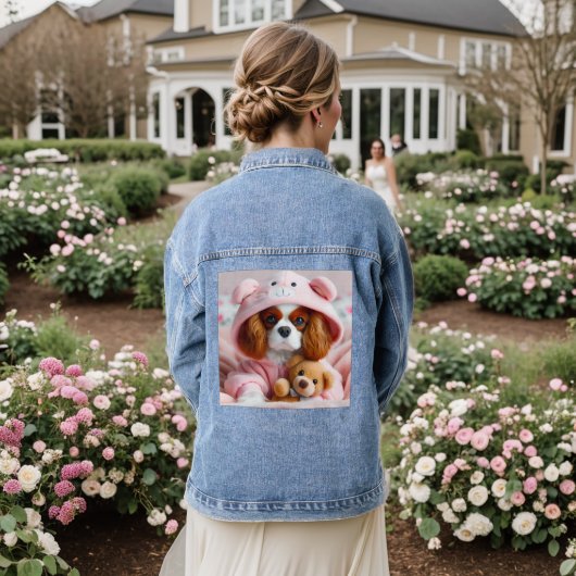 Schattige puppy in roze hoodie met teddybeer denim jacket (Huwelijk Achterkant)
