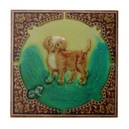 Schattige Puppy & kikker Antiek Repro Faux Relief Tegeltje