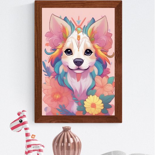 Schattige Puppy Kleurrijk Bloemen Poster