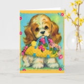 schattige puppy met bloemmandje kaart (Gele Bloem)