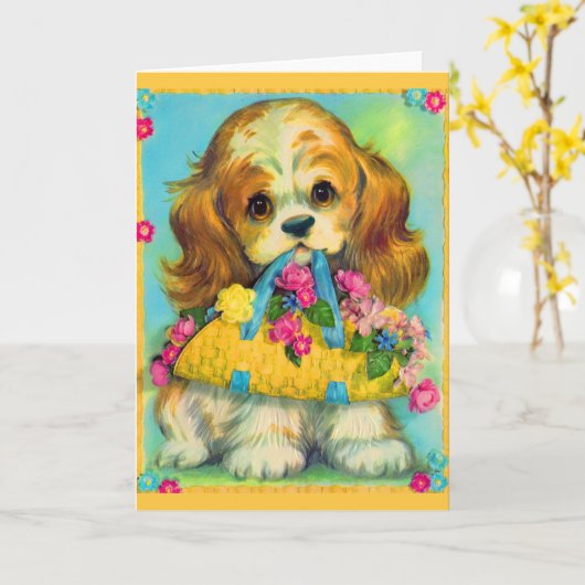 schattige puppy met bloemmandje kaart (Gele Bloem)