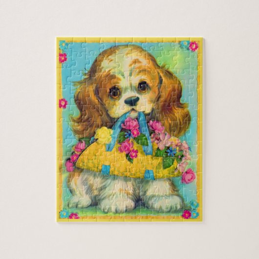 schattige puppy met bloemmandje legpuzzel (Verticaal)