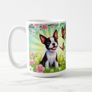 Schattige Puppy met Bloesems en Vlinders Koffiemok