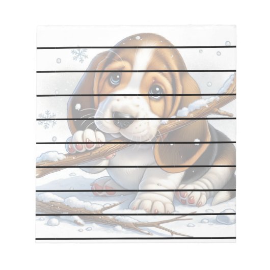 Schattige puppy met een besneeuwde stok notitieblok (Voorkant)