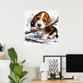 Schattige puppy met een besneeuwde stok poster (Thuiskantoor)