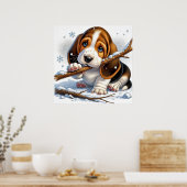 Schattige puppy met een besneeuwde stok poster (Keuken)