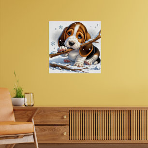 Schattige puppy met een besneeuwde stok poster