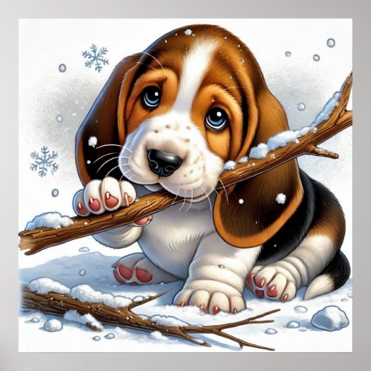 Schattige puppy met een besneeuwde stok poster (Voorkant)