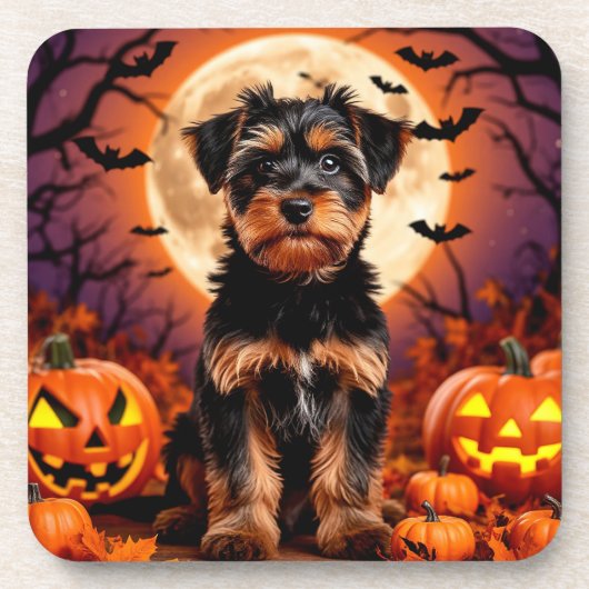 Schattige puppy met Halloween achtergrond Bier Onderzetter (Voorkant)