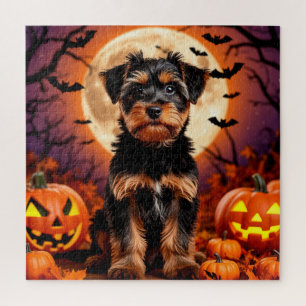 Schattige Puppy met Halloween Achtergrond Legpuzzel