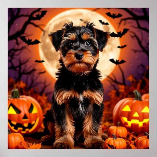 Schattige puppy met Halloween achtergrond Poster (Voorkant)
