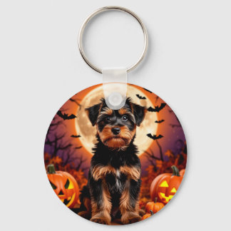 Schattige Puppy met Halloween Achtergrond Sleutelhanger