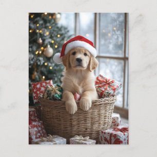 Schattige puppy met kerstmuts in mand briefkaart