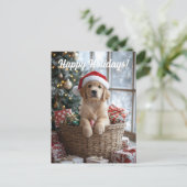 Schattige puppy met kerstmuts in mand feestdagenkaart (Staand voorkant)