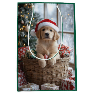 Schattige puppy met kerstmuts in mand medium cadeauzakje