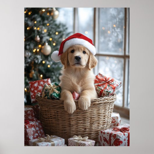 Schattige puppy met kerstmuts in mand poster (Voorkant)