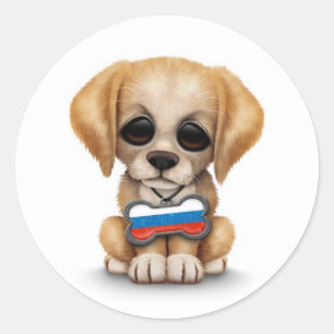 Schattige Puppy met Russisch Flag Dog Label, wit Ronde Sticker