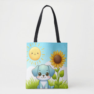 Schattige puppy met zonnebloem en lachende zon tote bag