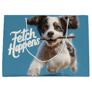 Schattige Puppy Mid-Air Hardlopen met een Stick Groot Cadeauzakje