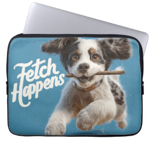Schattige Puppy Mid-Air Hardlopen met een Stick Laptop Sleeve