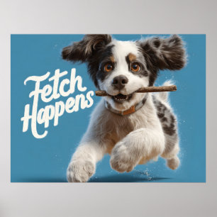 Schattige Puppy Mid-Air Hardlopen met een Stick Poster