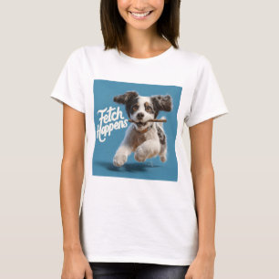 Schattige Puppy Mid-Air Hardlopen met een Stick T-shirt