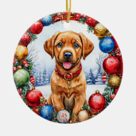 Schattige Puppy Omringd door Kerstversiering Keramisch Ornament