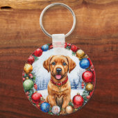 Schattige Puppy Omringd door Kerstversiering Sleutelhanger (Voorkant)